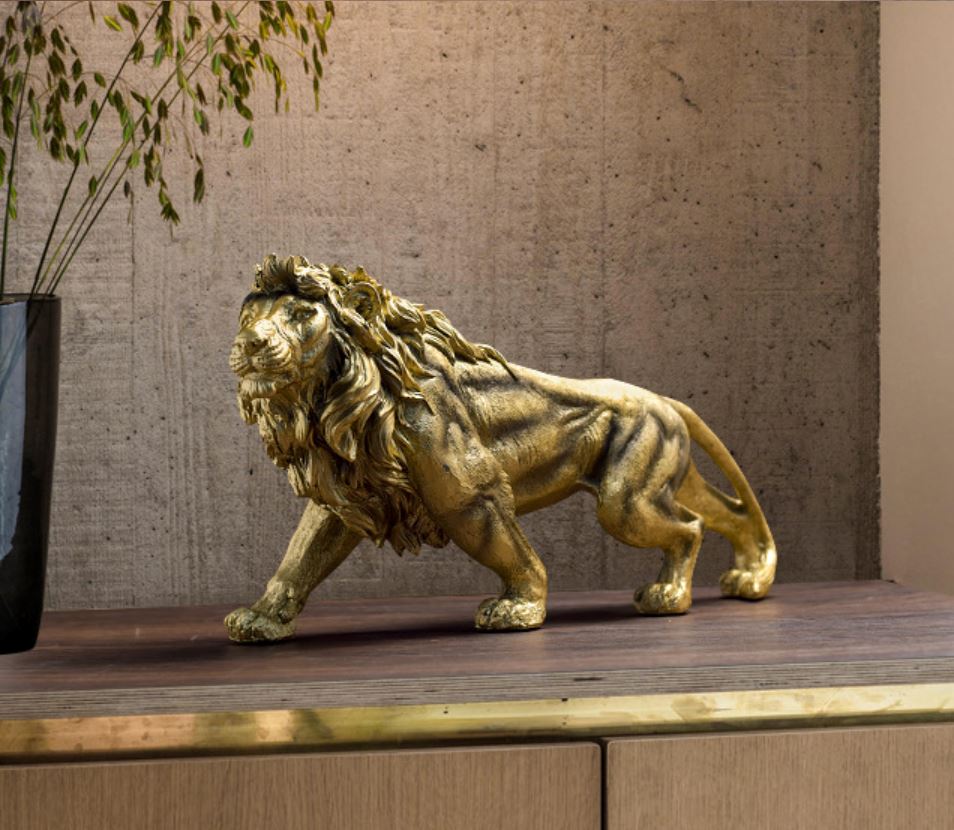 Escultura Leão Dourado 41x18cm resina Conceito 
