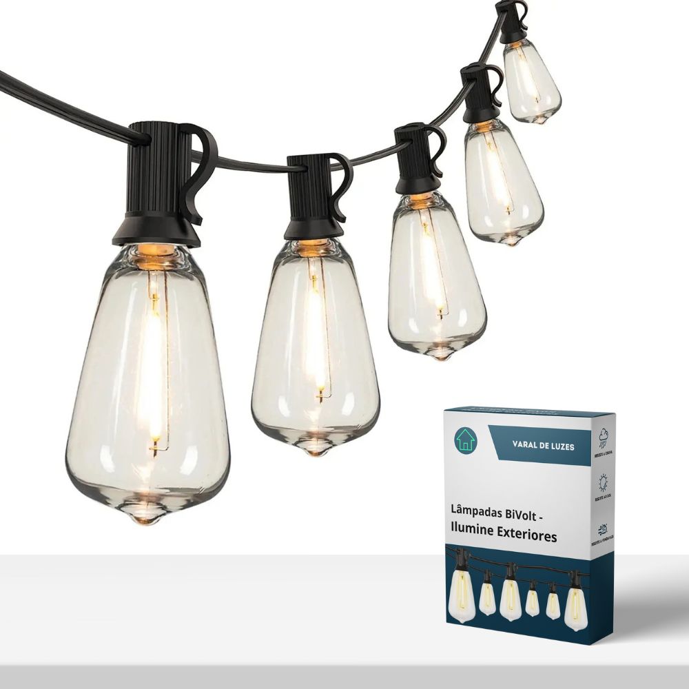 Varal de Luzes com Lâmpadas Bivolt - Ilumine Exteriores