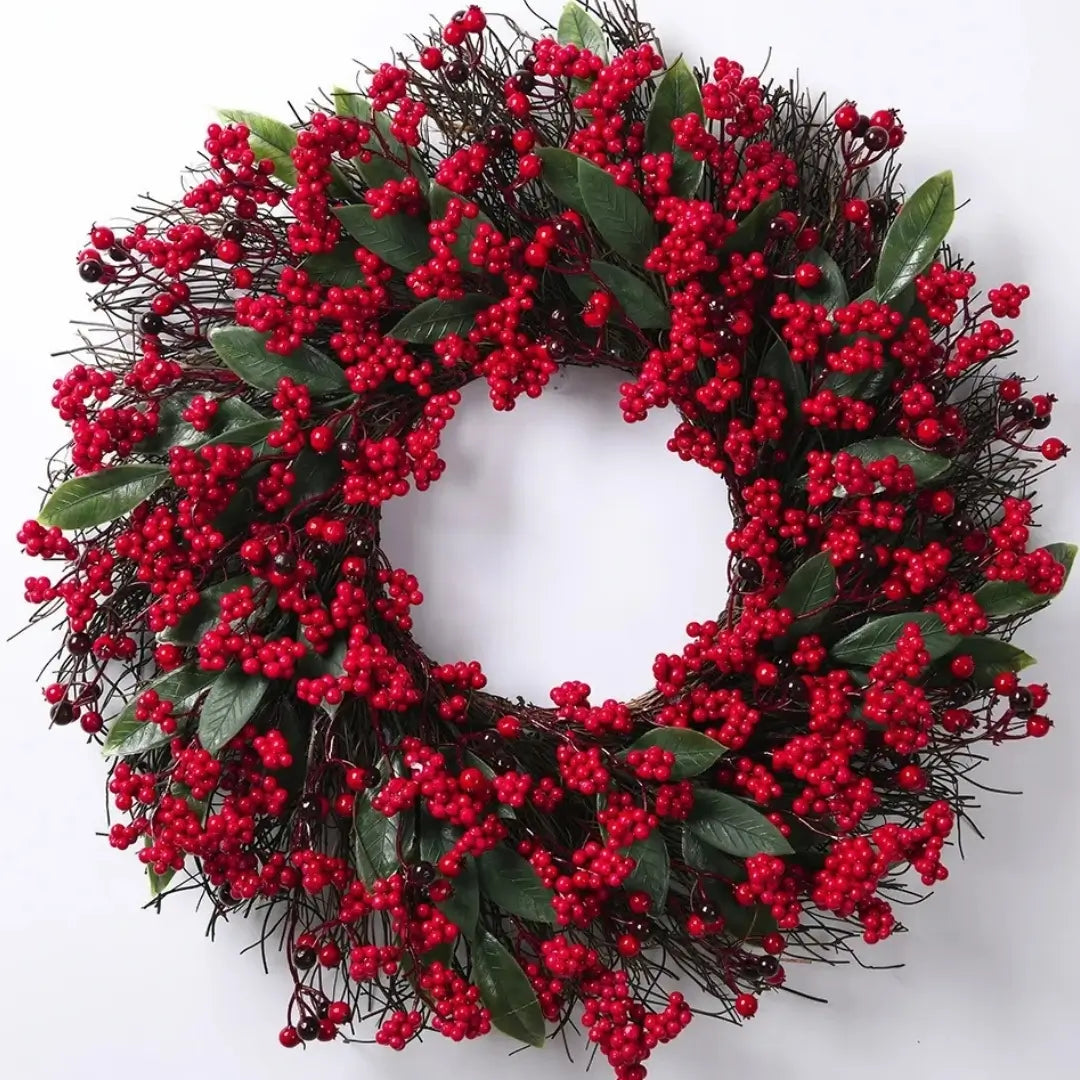 Guirlanda de Natal Folha Cipreste Red Berry Grinalda Pinho Artesanal Merry Christmas