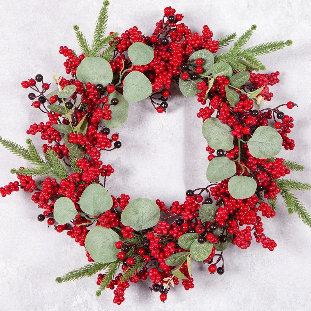 Guirlanda de Natal Folha Cipreste Red Berry Grinalda Pinho Artesanal Merry Christmas
