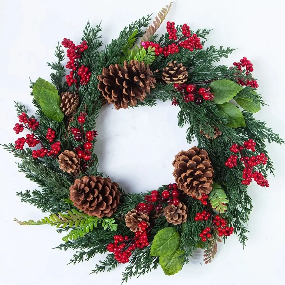 Guirlanda de Natal Folha Cipreste Red Berry Grinalda Pinho Artesanal Merry Christmas