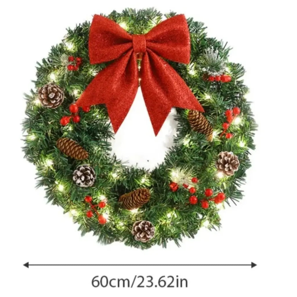 Guirlanda de Natal com Laço Vermelho Coroa Iluminada Merry Christmas