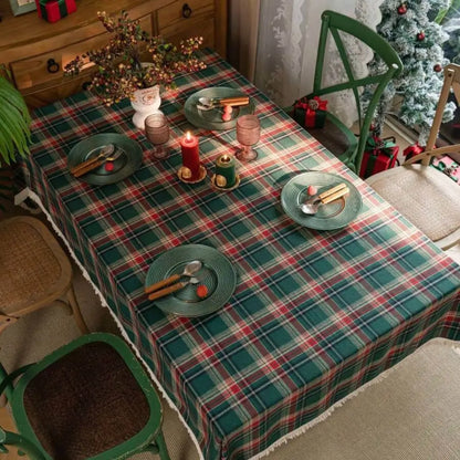 Toalha de Mesa Natal Linho Algodão Xadrez com Franjas