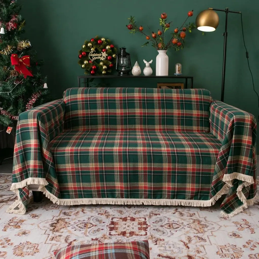Toalha de Mesa Natal Linho Algodão Xadrez com Franjas