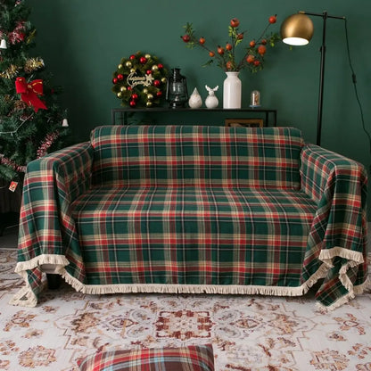 Toalha de Mesa Natal Linho Algodão Xadrez com Franjas