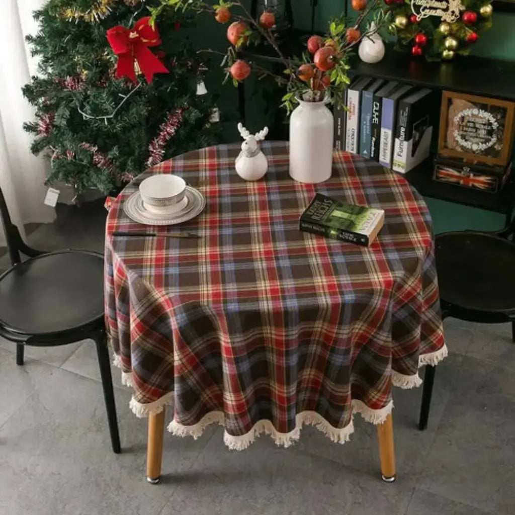 Toalha de Mesa Natal Redonda Xadrez com Franjas