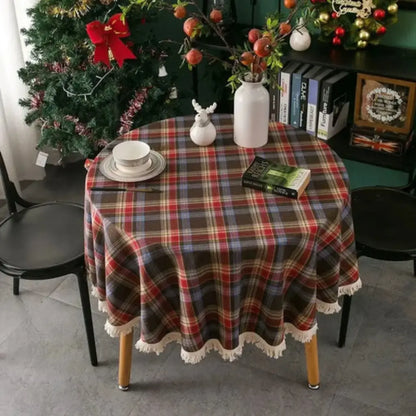 Toalha de Mesa Natal Redonda Xadrez com Franjas