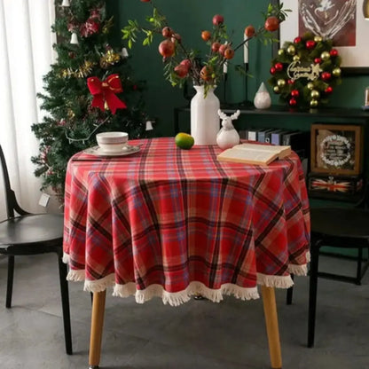 Toalha de Mesa Natal Linho Algodão Xadrez com Franjas