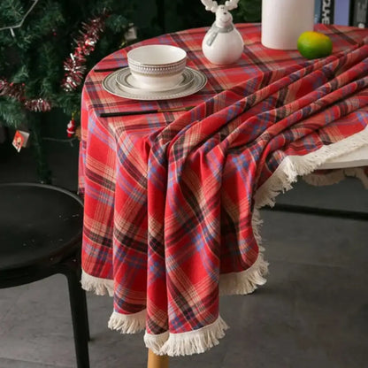 Toalha de Mesa Natal Linho Algodão Xadrez com Franjas