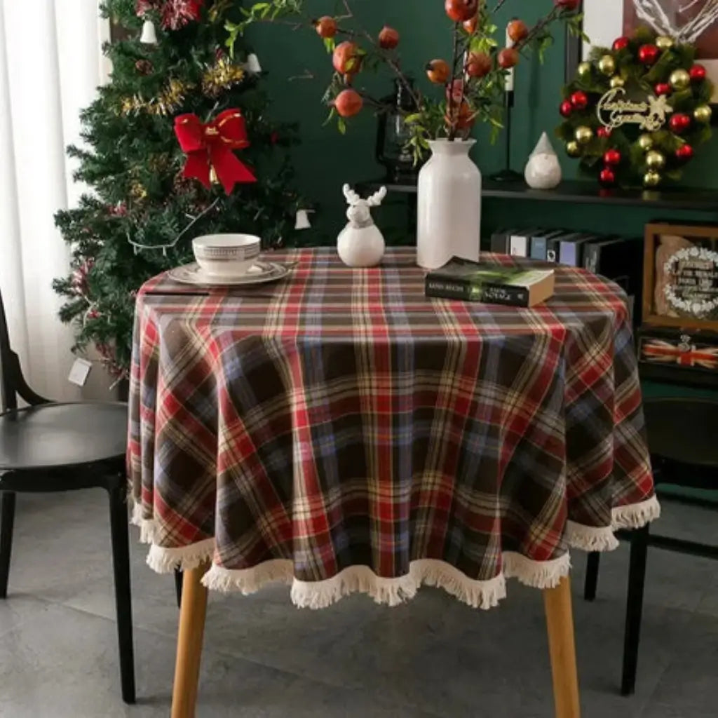 Toalha de Mesa Natal Linho Algodão Xadrez com Franjas