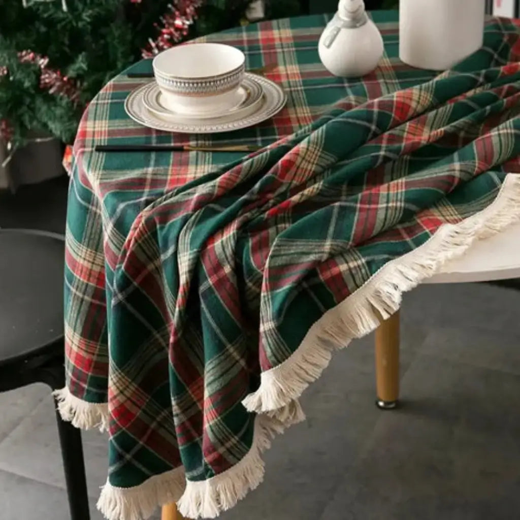 Toalha de Mesa Natal Redonda Xadrez com Franjas