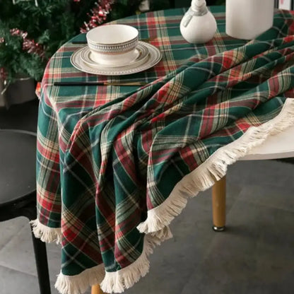 Toalha de Mesa Natal Redonda Xadrez com Franjas