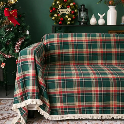 Toalha de Mesa Natal Linho Algodão Xadrez com Franjas