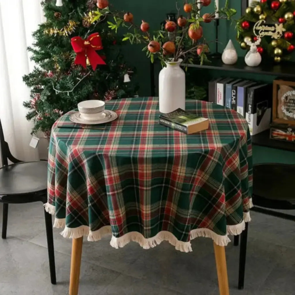 Toalha de Mesa Natal Linho Algodão Xadrez com Franjas