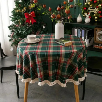 Toalha de Mesa Natal Linho Algodão Xadrez com Franjas