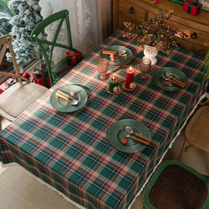 Toalha de Mesa Natal Linho Algodão Xadrez com Franjas