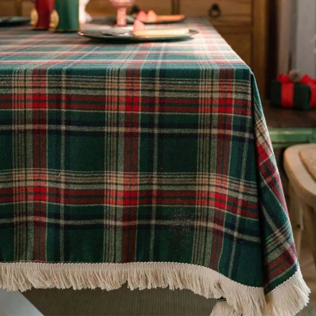 Toalha de Mesa Natal Linho Algodão Xadrez com Franjas
