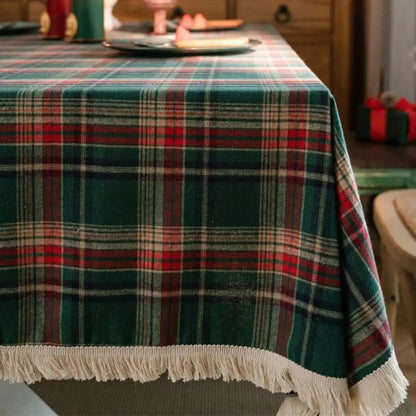 Toalha de Mesa Natal Linho Algodão Xadrez com Franjas