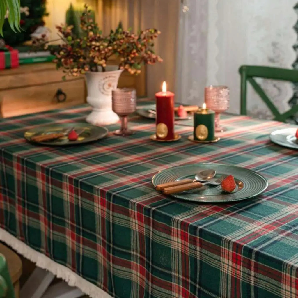 Toalha de Mesa Natal Linho Algodão Xadrez com Franjas