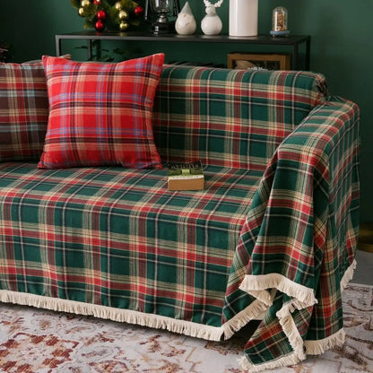 Toalha de Mesa Natal Linho Algodão Xadrez com Franjas