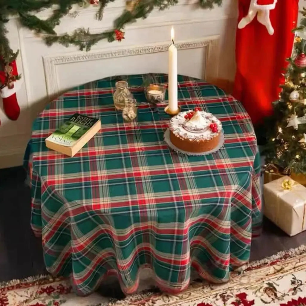 Toalha de Mesa Redonda Decoração de Natal Xadrez