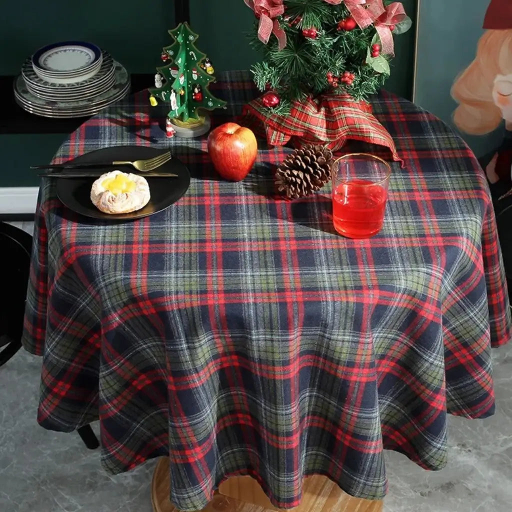 Toalha de Mesa Redonda Decoração de Natal Xadrez