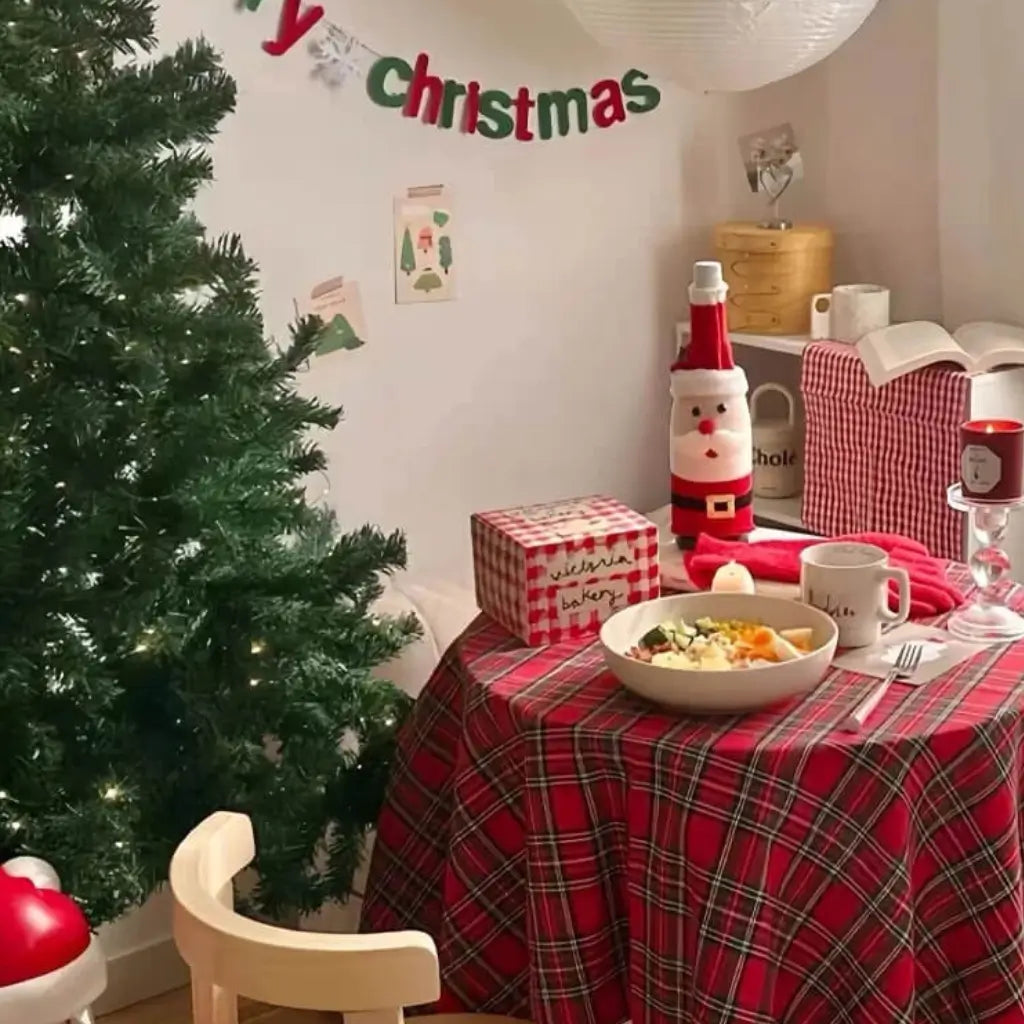 Toalha de Mesa Redonda Decoração de Natal Xadrez