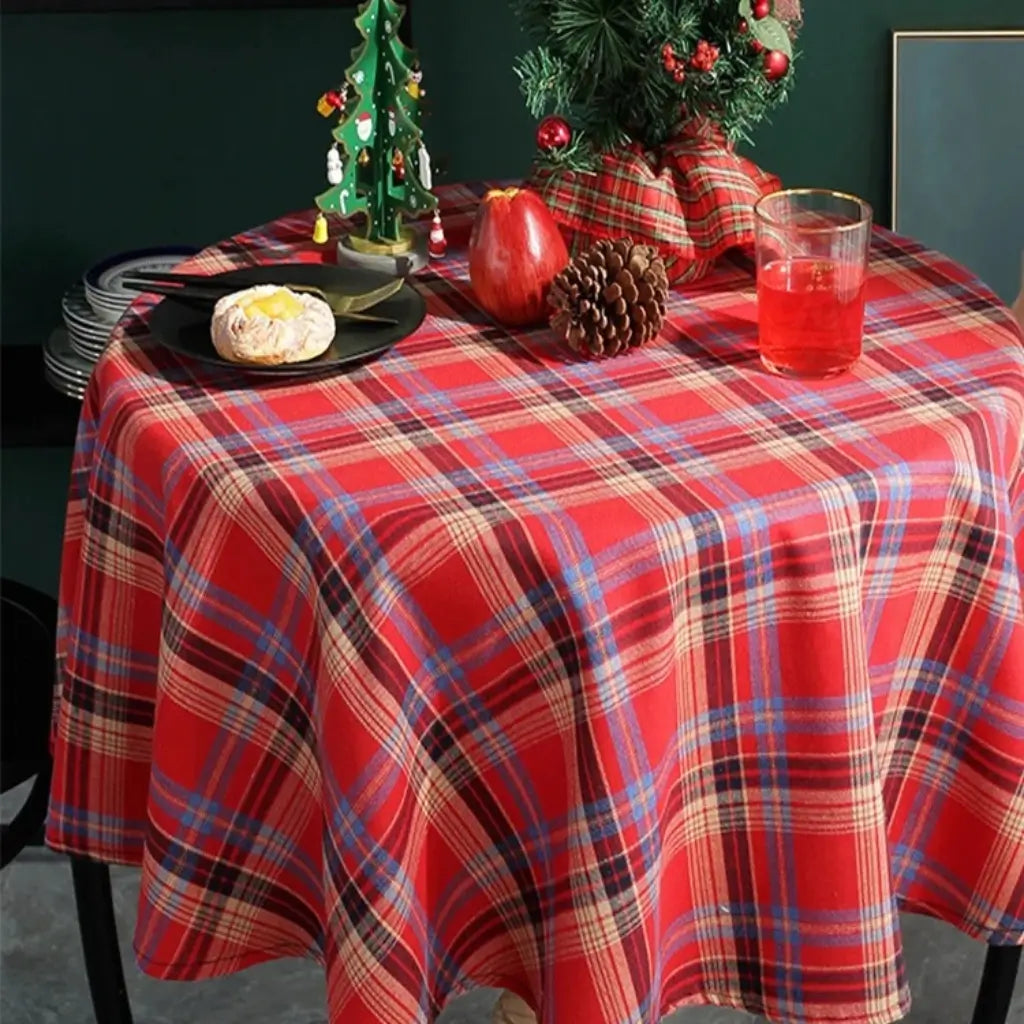 Toalha de Mesa Redonda Decoração de Natal Xadrez