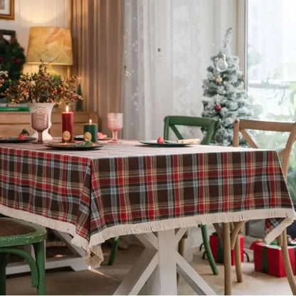 Toalha de Mesa Natal Linho Algodão Xadrez com Franjas