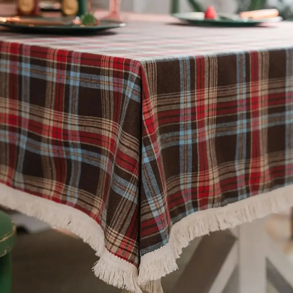 Toalha de Mesa Natal Linho Algodão Xadrez com Franjas