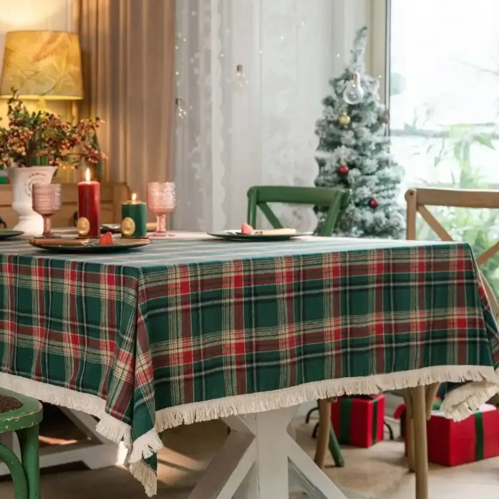 Toalha de Mesa Natal Linho Algodão Xadrez com Franjas