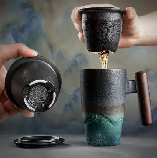Caneca de Chá em Cerâmica com Infusor e Cabo em Madeira - Estilo Japonesa YuDome 