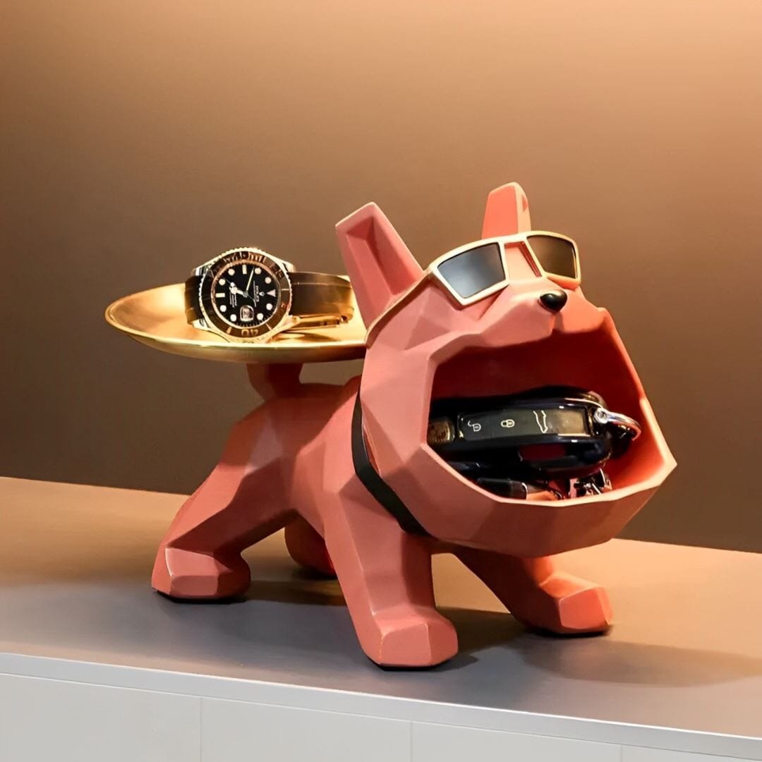 Escultura e Aparador Bulldog Geométrico - Suporte Duplo Resina - 0035 YuDome Laranja 