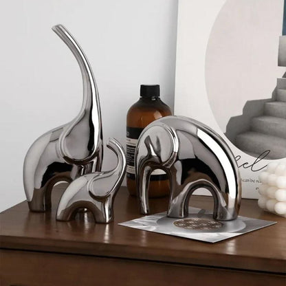 Escultura Família Elefante Brilhante (03 Peças) Resina - 0077 Conceito Chumbo 