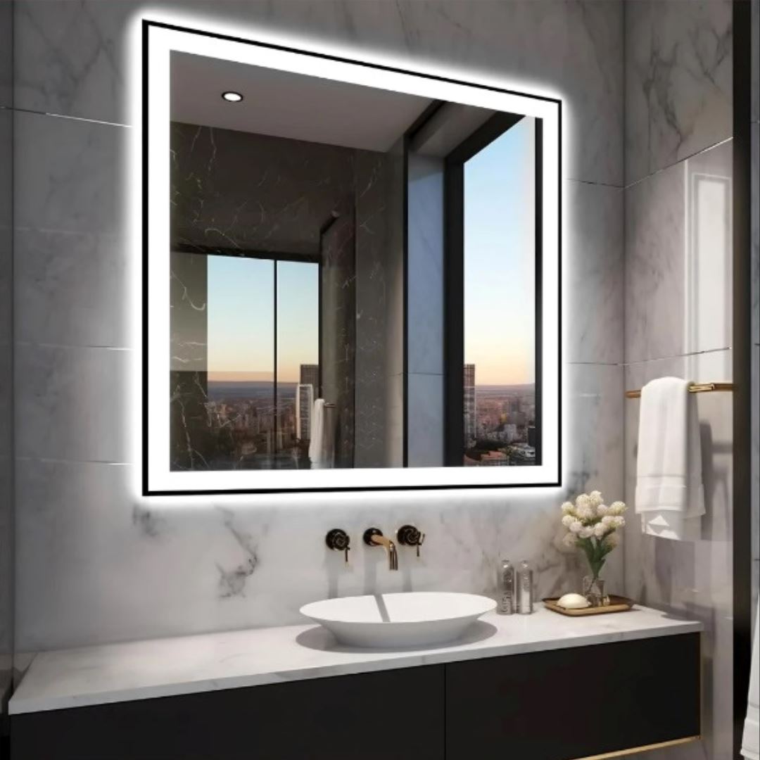 Espelho Decorativo Square Line com Led Jateado e Botão Touch 50cm Conceito 