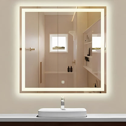 Espelho Decorativo Square Line com Led Jateado e Botão Touch 50cm Espelho - 0008 Conceito 