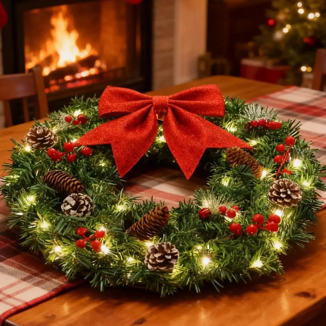 Guirlanda de Natal com Laço Vermelho Coroa Iluminada Merry Christmas