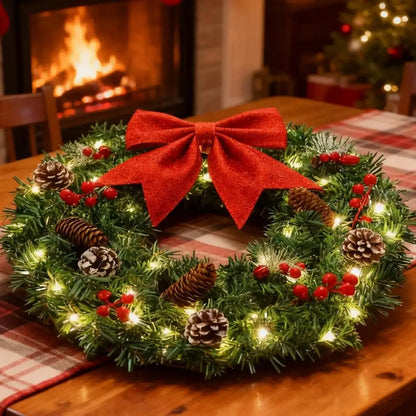 Guirlanda de Natal com Laço Vermelho Coroa Iluminada Merry Christmas