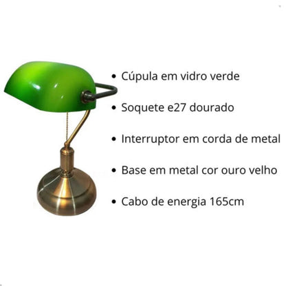 Luminária Abajur Banqueiro Retrô Vintage - Vidro Clássico Esmeralda Conceito 