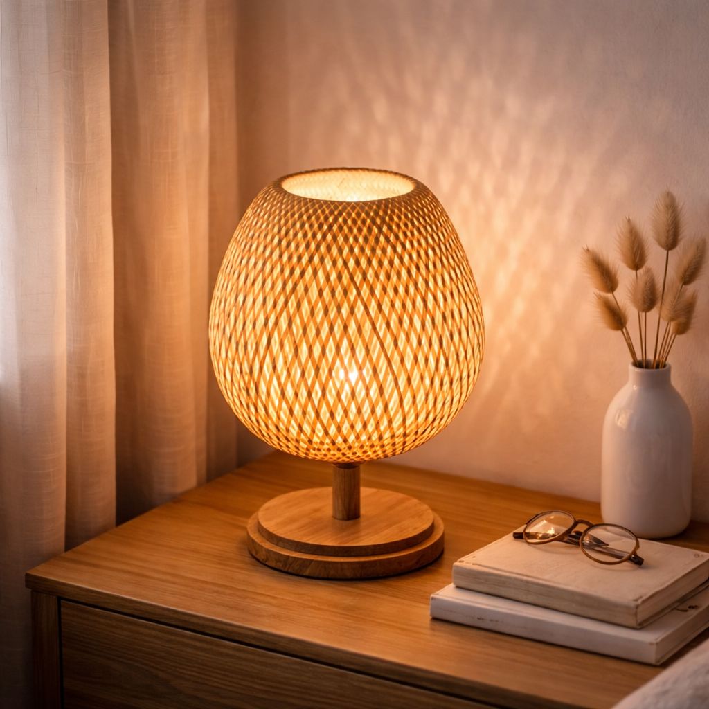Luminária Abajur de Mesa Artesanal Bambu Rattan Abajur - 0051 Conceito 
