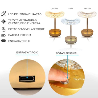 Luminária Abajur de Mesa Móvel Dainty Vintage Recarregável e Sem Fio Conceito 