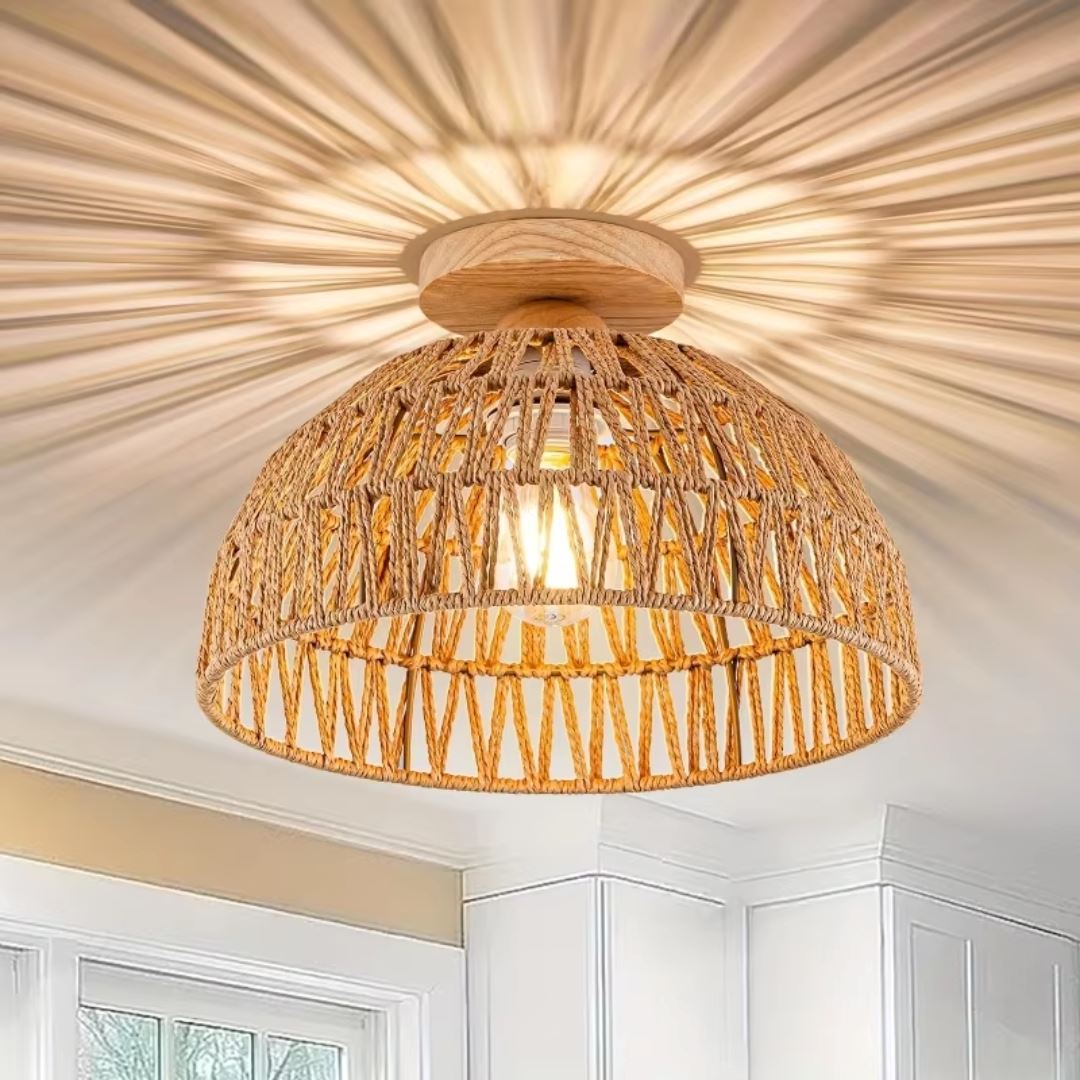 Luminária de Teto Plafon Sobrepor Bohemian Rattan 23cm Conceito Bege Luz Quente 