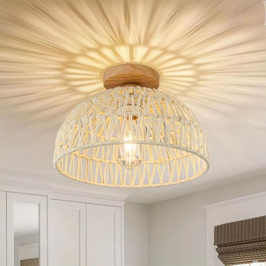 Luminária de Teto Plafon Sobrepor Bohemian Rattan 23cm Conceito Creme Luz Quente 