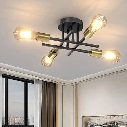 Lustre Luminária de Teto Flash Mount (04 lâmpadas) Lustre - 0014 Conceito Preto e Dourado 