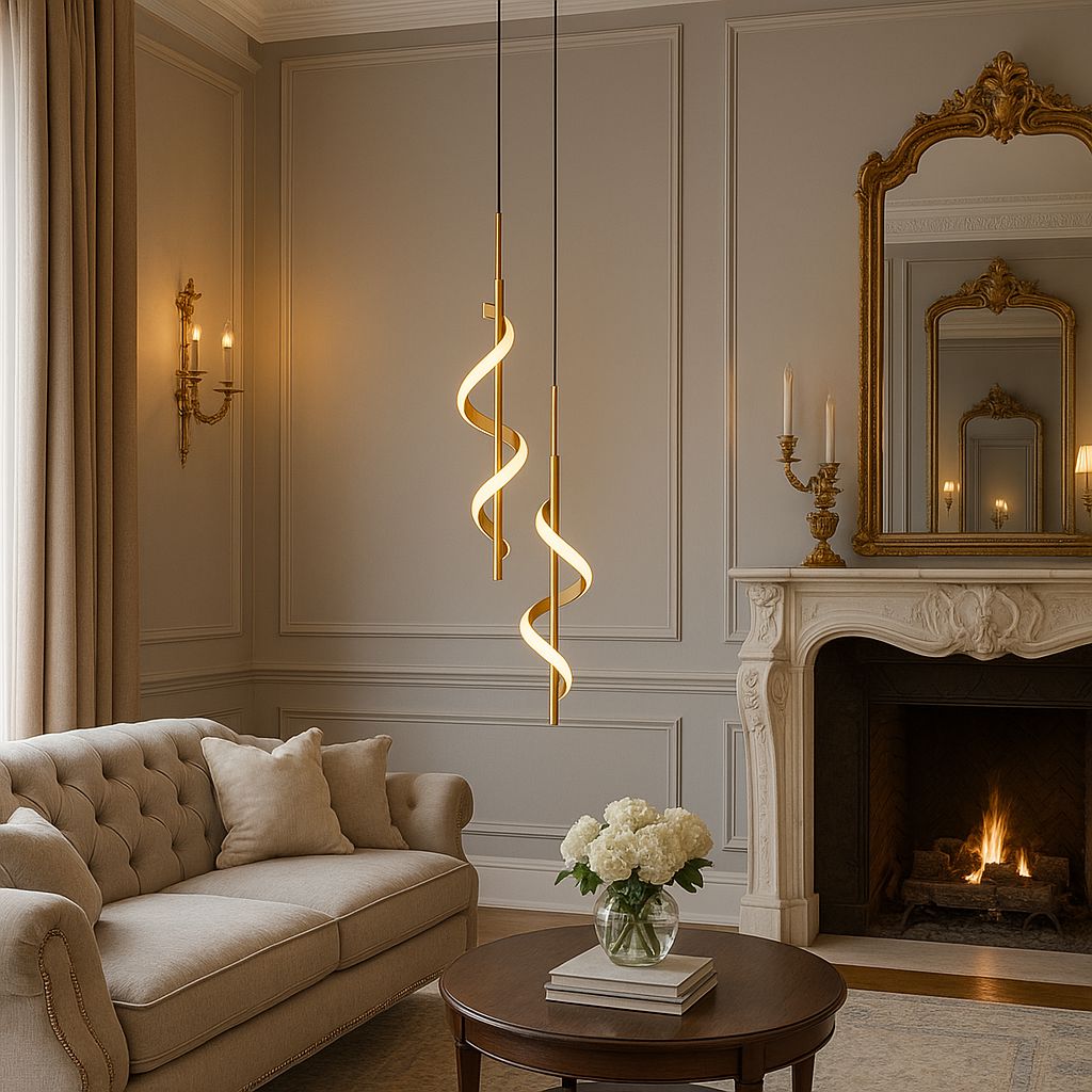 Lustre Pendente Duplo em Espiral Dourado de Led Pendente - 0033 Conceito 