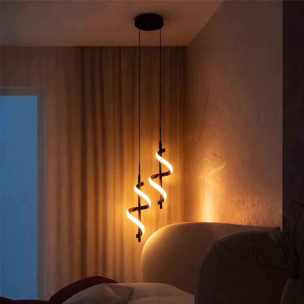 Lustre Pendente Duplo em Espiral Preto de Led Pendente - 0034 Conceito Quente 