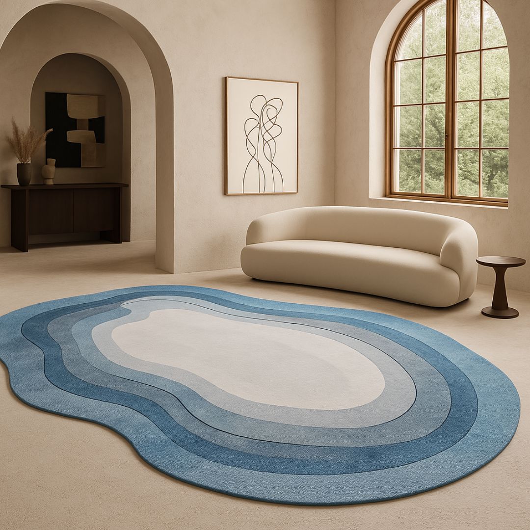 Tapete Decorativo Orgânico Abstrato Irregular para Sala - Azul Ondas Tapete - 0009 Conceito 80x120cm 