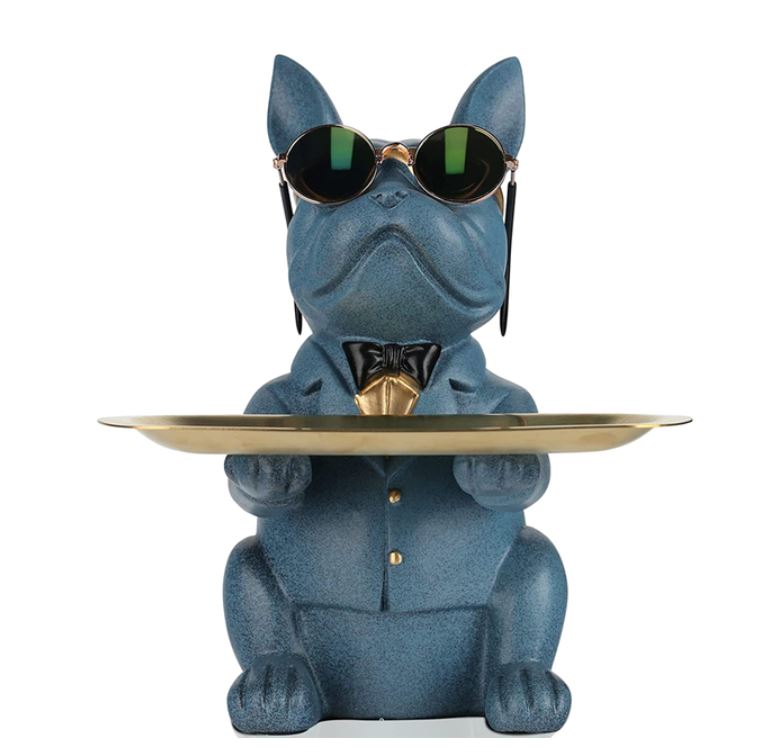 Escultura Bulldog Francês Mordomo aparador chave Conceito Azul 