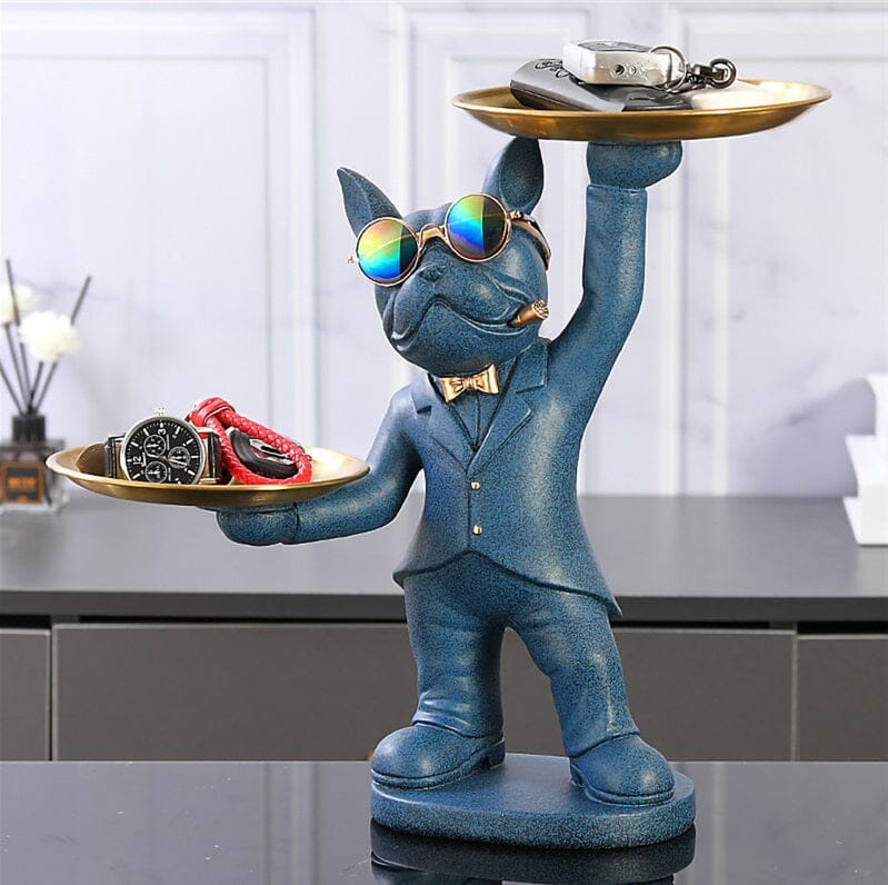 Escultura Bulldog Francês Mordomo Divertido Conceito Azul 