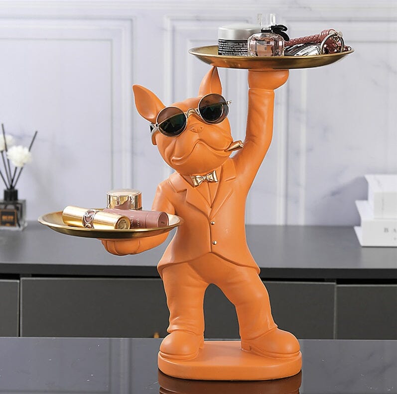 Escultura Bulldog Francês Mordomo Divertido Conceito Laranja 